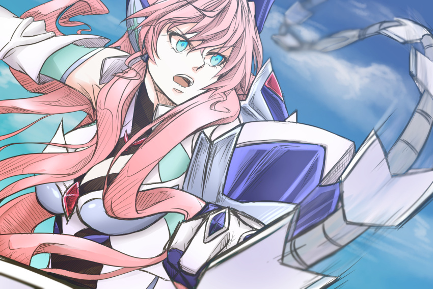 armor blue_eyes breasts cleavage female gloves hair_between_eyes headgear henshin highres large_breasts long_hair looking_to_the_side maria_cadenzavna_eve open_mouth pink_hair power_armor power_suit senki_zesshou_symphogear solo toru_dai very_long_hair weapon whip_sword