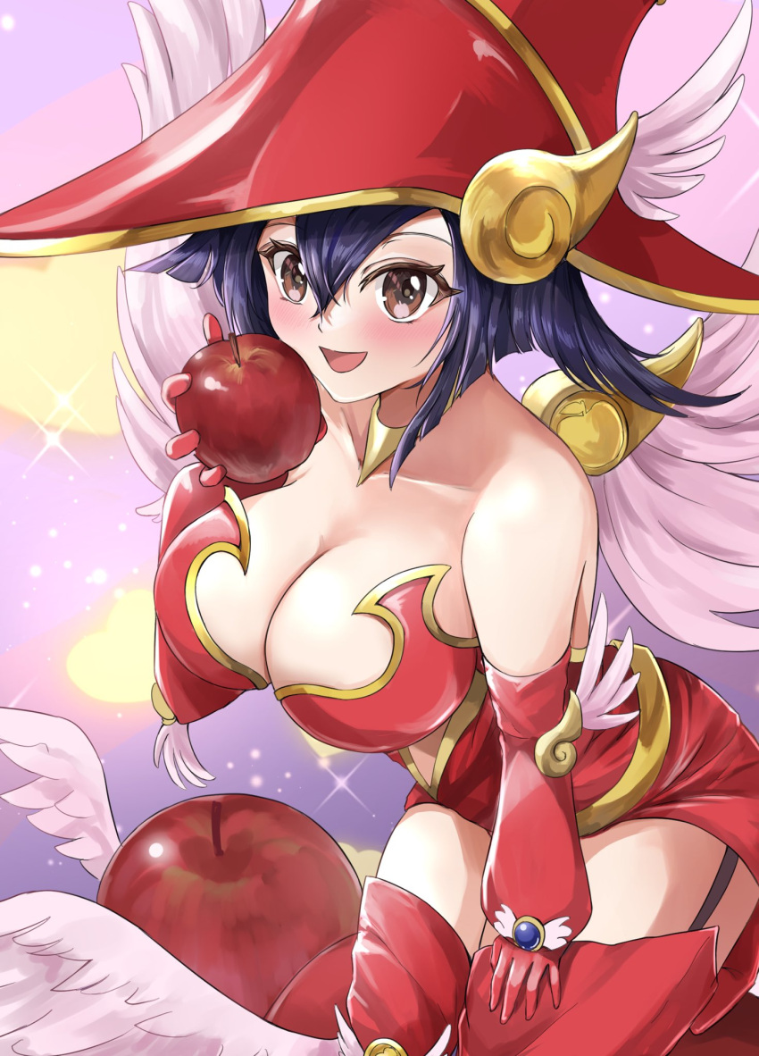 apple apple_magician_girl bare_shoulders black_hair blush breasts brown_eyes cleavage collarbone dress duel_monster female food fruit hat highres holding holding_food holding_fruit large_breasts medium_hair misakura_aoi red_dress red_hat solo wings yu-gi-oh!