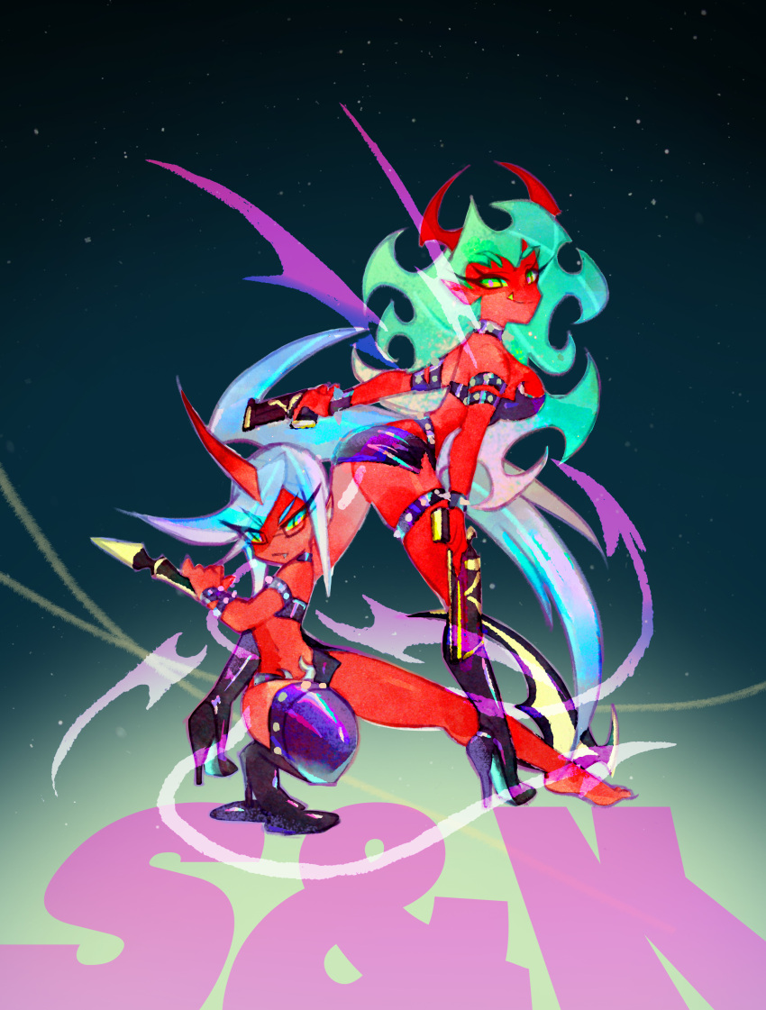 2girls absurdres blue_hair botjira breasts colored_skin demon_girl demon_horns demon_wings green_hair highres horns kneesocks_(psg) large_breasts long_hair looking_at_viewer medium_breasts multiple_girls panty_&_stocking_with_garterbelt red_skin revealing_clothes scanty_(psg) wings