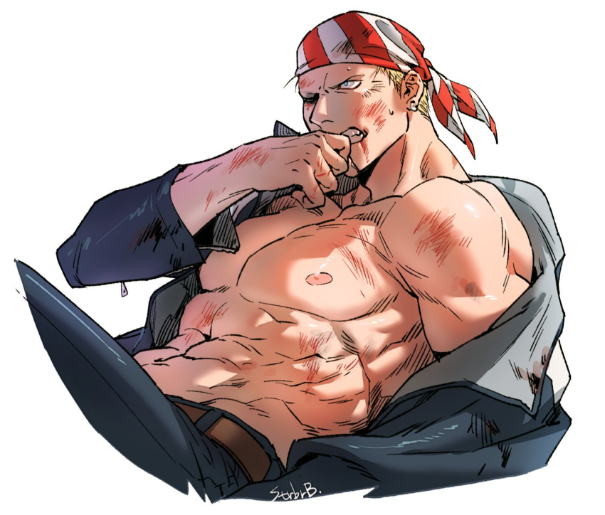 1boy abs arm_up bandana belt billy_kane blonde_hair blood blood_from_mouth blue_jacket blue_pants brown_belt bruise bruise_on_arm bruise_on_face bruise_on_shoulder bruised_eye clenched_teeth collared_jacket commentary cropped_legs curled_fingers denim ear_piercing earrings fatal_fury groin hand_to_own_mouth injury jacket jacket_partially_removed jeans jewelry korean_commentary long_sleeves looking_ahead lying male_focus muscular muscular_male nipples on_back one_eye_closed pants pectorals piercing short_hair simple_background single_bare_shoulder single_earring solo strbrb789 striped_bandana striped_clothes teeth the_king_of_fighters white_background