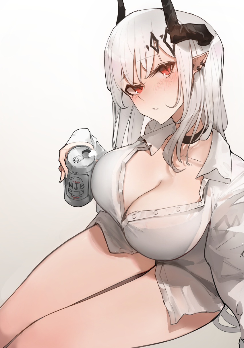 absurdres arknights beer_can black_bra black_horns bra breasts can cleavage collared_shirt demon_horns drink_can female highres horns huinjebi mudrock_(arknights) pointy_ears red_eyes see-through see-through_shirt shirt simple_background solo underwear white_background white_hair white_shirt