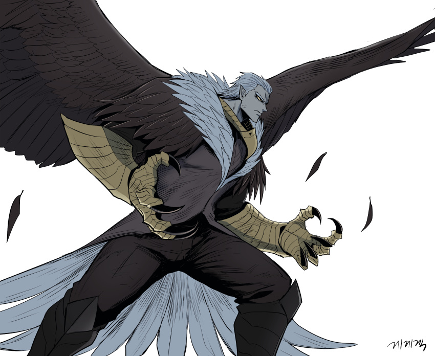 1boy armor bald_eagle bird bird_boy black_eyes brown_jacket brown_pants claws closed_mouth colored_sclera eagle feather-trimmed_jacket frown full_body furrowed_brow gauntlets gegegekman greaves highres jacket looking_at_viewer male_focus original pants personification shaded_face signature white_background white_hair yellow_sclera