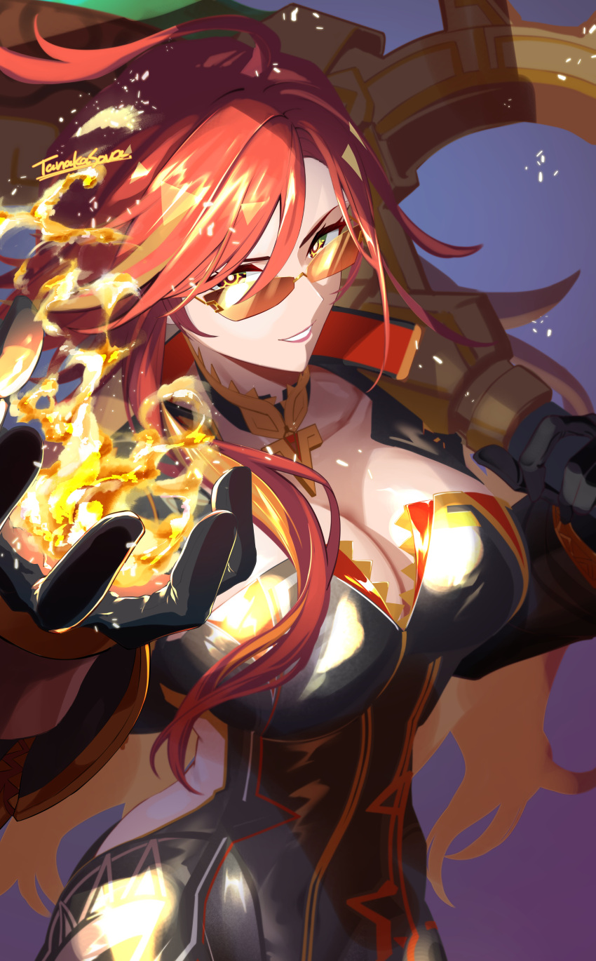 absurdres biker_clothes bikesuit black_bikesuit bodysuit breasts cleavage female genshin_impact highres holding holding_weapon large_breasts long_hair looking_at_viewer mavuika_(genshin_impact) orange_eyes orange_hair red_hair saurophaganax smile solo sun-shaped_pupils sunburst_iris sunglasses weapon