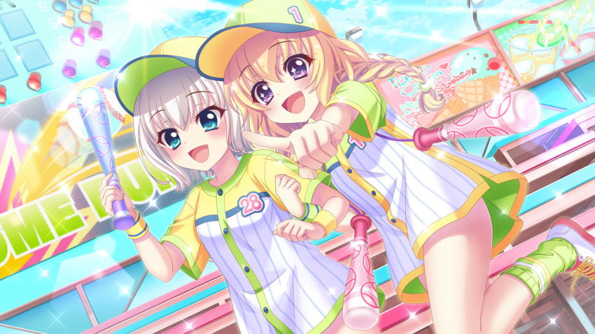 2girls :d alternate_hairstyle bare_legs baseball_(object) baseball_bat baseball_cap baseball_jersey baseball_print billboard bleachers blonde_hair blue_eyes blue_hat blue_sky braided_twintails breasts buttons cherry clothes_writing cloud cup day dot_nose drinking_glass drinking_straw dutch_angle film_grain food fruit game_cg green_hat green_shirt green_socks hair_up hasegawa_mii hat holding holding_baseball_bat ice ice_cream_cone ice_cube izumi_tsubasu jersey lens_flare locked_arms long_hair low_twintails matching_outfits multicolored_hat multicolored_shirt multiple_girls nishidate_haku non-circular_lens_flare non-web_source official_art open_mouth outdoors pointing purple_eyes re:stage! shirt shoes short_hair sky small_breasts smile sneakers socks sparkle sparkling_eyes standing standing_on_one_leg striped_clothes striped_shirt sun twintails vertical-striped_clothes vertical-striped_shirt white_footwear white_hair white_shirt yellow_hat yellow_shirt yellow_wristband