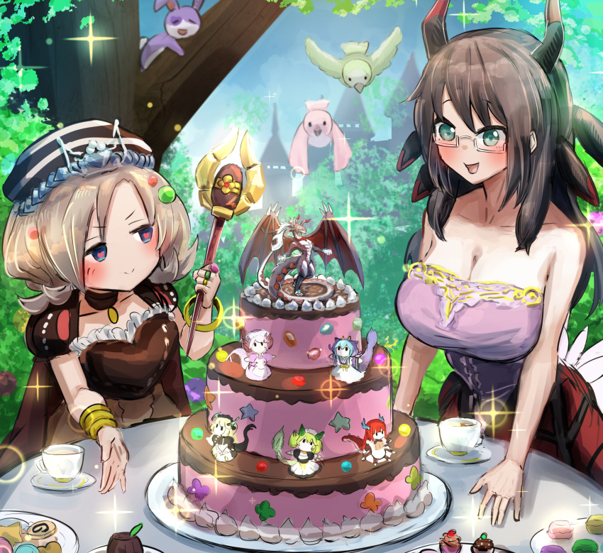 2girls alternate_costume bird black_hair blue_eyes breasts brown_dress brown_hair cake castle chamber_dragonmaid cleavage commission cup dragonmaid_sheou dress duel_monster food garden green_hair hatano_kiyoshi heart heart-shaped_pupils highres holding holding_wand house_dragonmaid huge_breasts kitchen_dragonmaid laundry_dragonmaid madolche_queen_tiaramisu multiple_girls nurse_dragonmaid parlor_dragonmaid skeb_commission sleeveless sleeveless_dress smile strapless strapless_dress symbol-shaped_pupils table teacup tree wand yu-gi-oh!