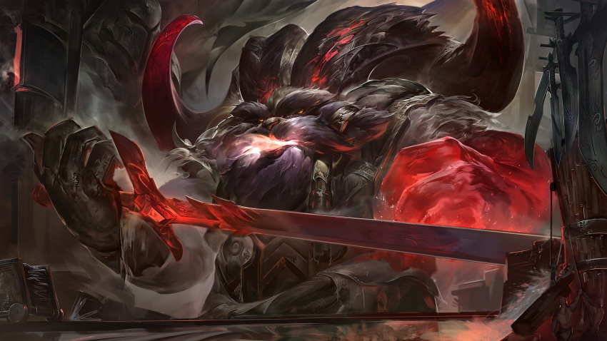 1boy absurdres beard brown_gloves colored_skin crossbow facial_hair gloves highres holding holding_sword holding_weapon horns league_of_legends long_hair male_focus orange_eyes ornn ram_(animal) ram_boy red_skin single_glove solo steam sword weapon wutu_(1183238220)