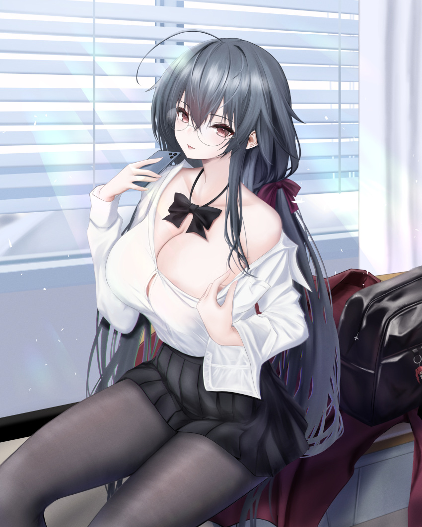 absurdres ahoge azur_lane bag black_bag black_bow black_bowtie black_hair black_skirt bow bowtie breasts brown_pantyhose button_gap cellphone classroom cleavage clothes_pull collarbone crossed_bangs day female glasses hair_between_eyes hairbow hands_up highres holding holding_phone huge_ahoge indoors jacket large_breasts long_hair long_sleeves miniskirt noa_(skae3323) off_shoulder official_alternate_costume pantyhose partially_unbuttoned phone pleated_skirt pulling_own_clothes red_eyes red_ribbon ribbon round_eyewear school_bag school_uniform shirt shirt_pull shirt_tucked_in sidelocks single_bare_shoulder sitting sitting_on_table skirt smartphone solo sunlight taihou_(azur_lane) taihou_(sweet_time_after_school)_(azur_lane) thighs undressing unworn_jacket white_shirt window_blinds