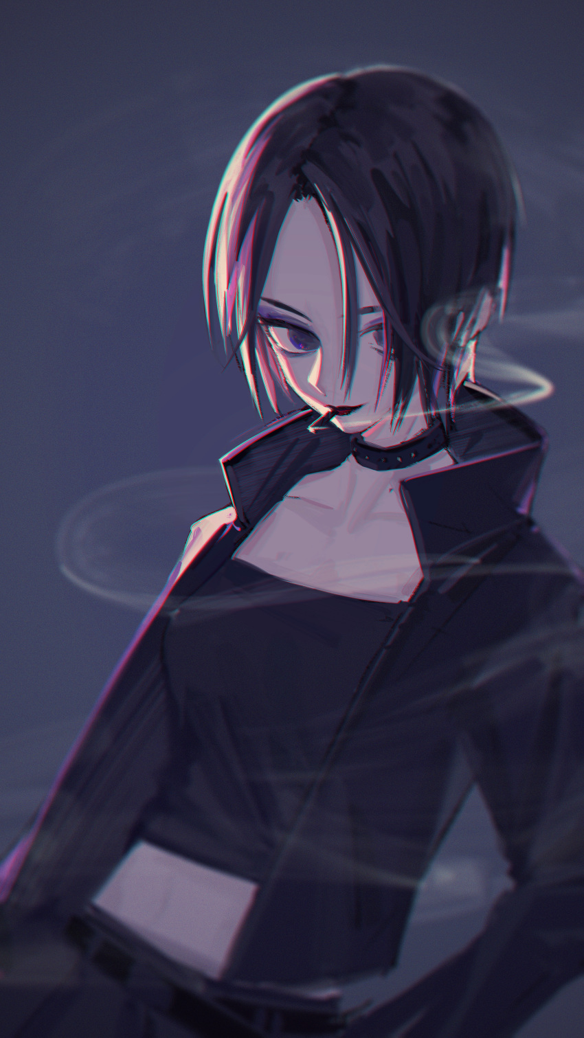 absurdres belt black_choker black_hair black_jacket choker cigarette crop_top female grey_background hair_over_one_eye highres iiiep jacket jewelry makeup midriff mouth_hold nana_(series) osaki_nana pants parted_hair short_hair simple_background smoking solo standing