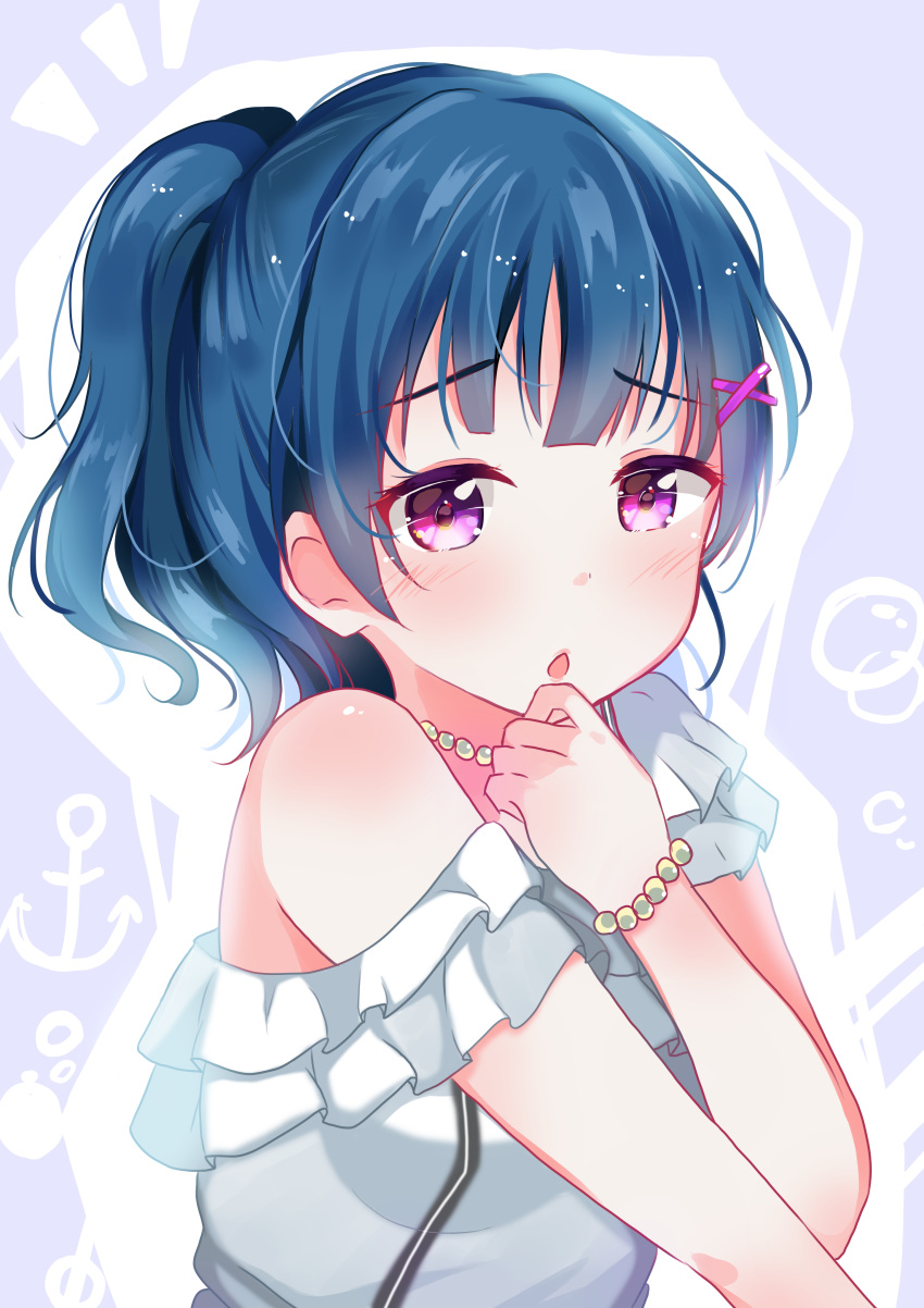 :o absurdres anchor_symbol bead_bracelet bead_necklace beads blue_hair blunt_bangs blush bracelet depe dress female furrowed_brow hair_ornament hand_on_own_chin hand_up highres jewelry long_hair looking_at_viewer love_live! love_live!_sunshine!! necklace off-shoulder_dress off_shoulder open_mouth pink_eyes ponytail sidelocks single_bare_shoulder sleeveless sleeveless_dress solo tsushima_yoshiko upper_body white_background white_dress x_hair_ornament