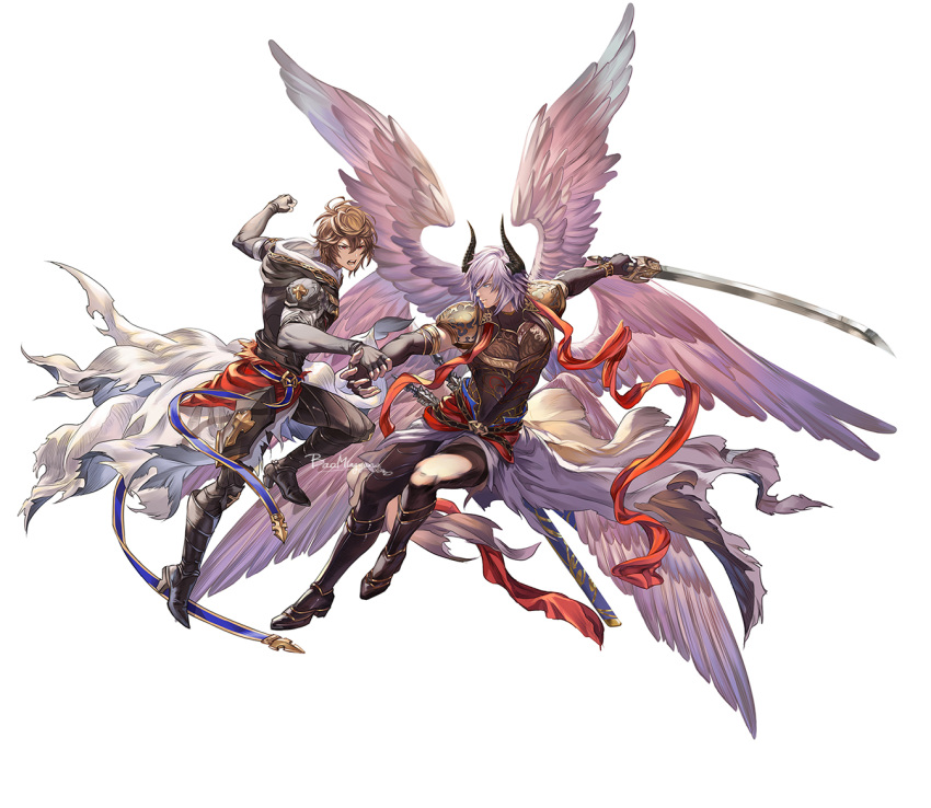 2boys angel angel_and_devil angel_wings blonde_hair brown_hair commentary_request feathered_wings granblue_fantasy hakueil hood hood_down horns lucifer_(shingeki_no_bahamut) multicolored_wings multiple_boys multiple_wings photoshop_(medium) sandalphon_(granblue_fantasy) seraph shingeki_no_bahamut simple_background sword weapon white_background white_hair white_wings wings