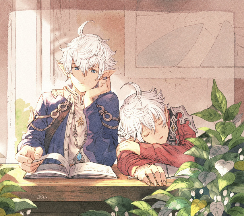 1boy ahoge alisaie_leveilleur alphinaud_leveilleur blue_coat book brother_and_sister coat earclip elezen elf female final_fantasy final_fantasy_xiv highres jacket kuroimori plant pointy_ears reading red_jacket siblings sleeping smile sunlight twins white_hair