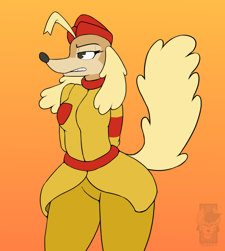 absurd_res brown_body brown_fur canid canine canis clothing cuphead_(game) domestic_dog female fur hi_res hunting_dog looking_away mammal pilot_uniform raised_tail saluki sgt._o'fera_(cuphead) sighthound simple_background tail tenides uniform