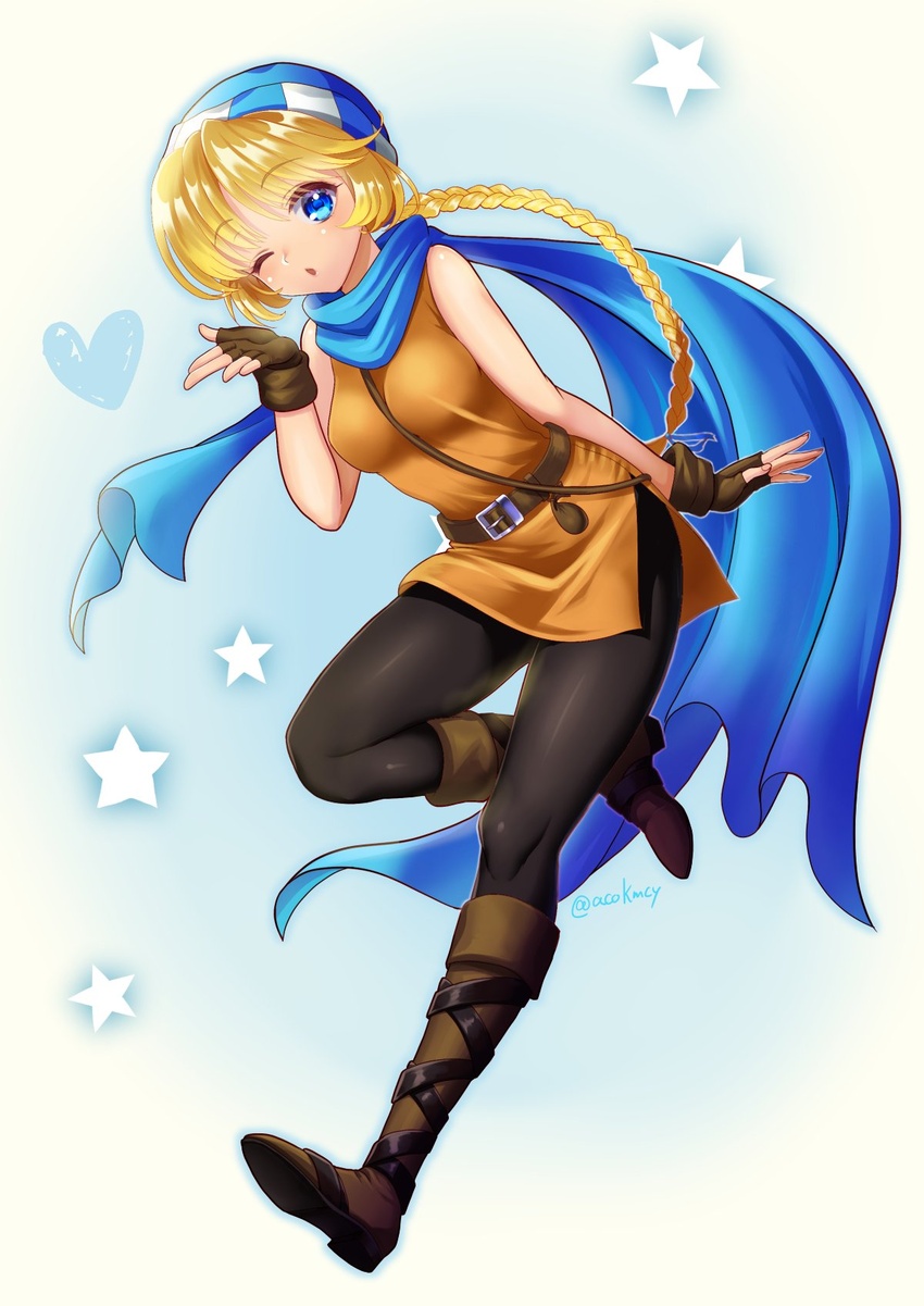 belt belt_buckle blonde_hair blue_eyes boots braid buckle dress female fingerless_gloves fire_emblem fire_emblem:_genealogy_of_the_holy_war full_body gloves hat highres kumehara_chiyota long_hair one_eye_closed open_mouth pantyhose patty_(fire_emblem) scarf simple_background solo