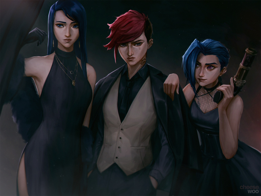 3girls alternate_costume arcane:_league_of_legends arcane_caitlyn arcane_jinx arcane_vi artist_name asymmetrical_bangs bare_shoulders black_dress black_gloves black_jacket black_necktie black_pants black_shirt blue_eyes blue_hair caitlyn_(league_of_legends) cheesewoo chest_tattoo closed_mouth dress dress_shirt ear_piercing earrings elbow_gloves english_commentary evening_gown facial_mark feather_boa formal gloves grey_eyes grey_vest gun hand_on_another's_shoulder handgun hands_in_pockets highres holding holding_gun holding_weapon jacket jacket_on_shoulders jewelry jinx_(league_of_legends) league_of_legends lips long_hair looking_at_another looking_at_viewer looking_to_the_side multiple_girls neck_tattoo necklace necktie nose_piercing nose_ring pants piercing pink_hair purple_eyes red_hair scar scar_on_face shirt short_hair siblings side_slit sisters sleeveless sleeveless_dress suit tattoo vest vi_(league_of_legends) weapon