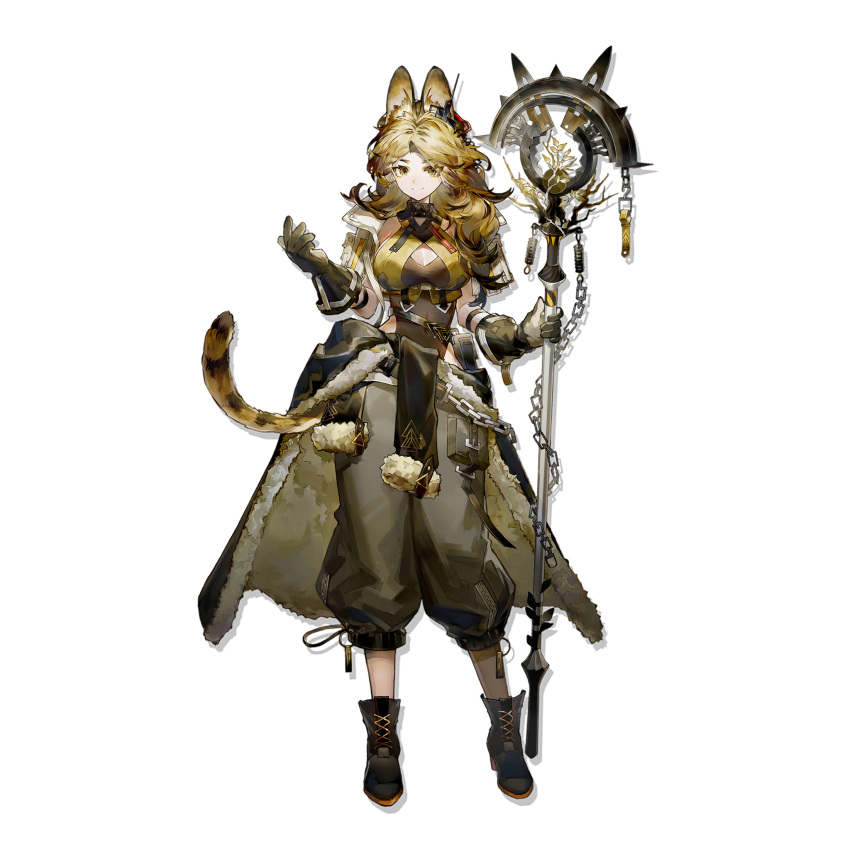 animal_ears arknights black_footwear black_gloves black_pants boots breasts brown_eyes brown_hair cat_ears chains cleavage_cutout clothing_cutout covered_navel female full_body gloves highleg highres holding holding_staff large_breasts long_hair looking_at_viewer official_art pants pouch quercus_(arknights) smile solo staff standing tachi-e transparent_background yuji_(fantasia)