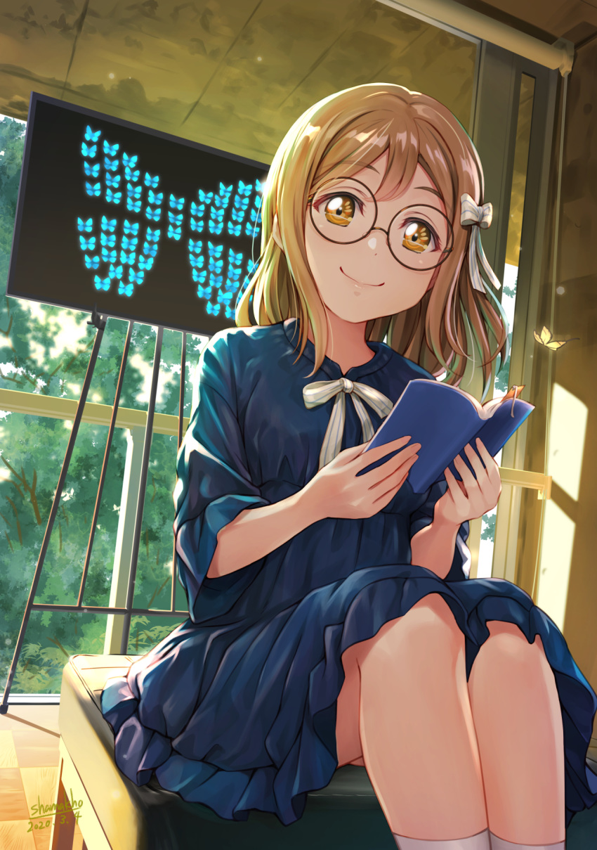 bad_id bad_pixiv_id blue_butterfly blue_dress book booklet bookmark bow branch bug butterfly chair commentary_request dress female glasses hairbow highres holding holding_book indoors kunikida_hanamaru light_brown_hair long_hair looking_at_viewer love_live! love_live!_sunshine!! mitaiken_horizon open_book picture_frame shamakho short_sleeves signature sitting smile solo sunlight sunset tree white_bow white_legwear window yellow_butterfly yellow_eyes