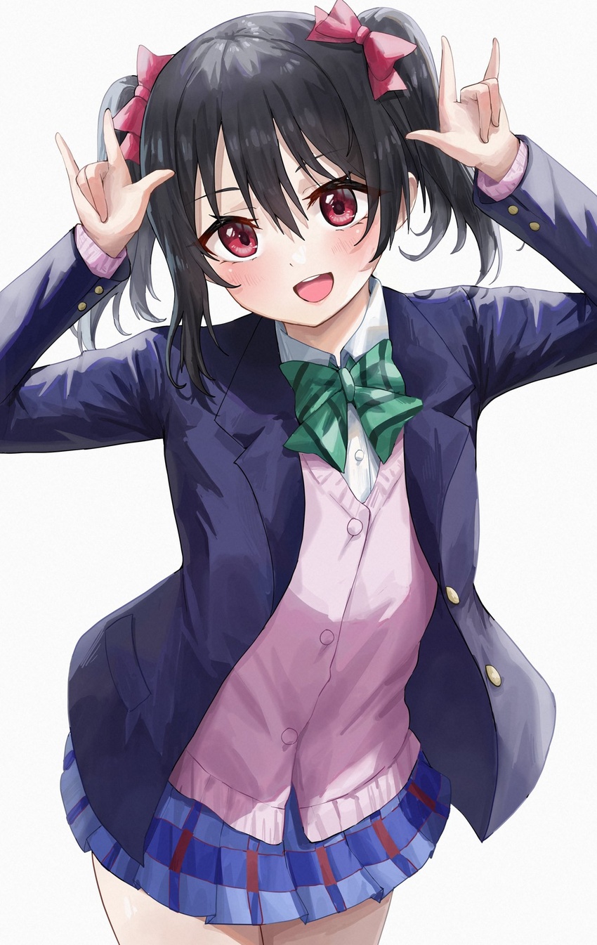 \m/ aftamc black_hair blazer blue_jacket blue_skirt bow bowtie cardigan cardigan_under_jacket collared_shirt cowboy_shot double_\m/ dress_shirt female green_bow hairbow hands_up highres jacket looking_at_viewer love_live! love_live!_school_idol_project nico_nico_nii open_clothes open_collar open_jacket open_mouth otonokizaka_school_uniform pink_bow pink_cardigan pleated_skirt pocket red_bow red_eyes school_uniform shirt short_twintails skirt smile solo twintails white_shirt wing_collar yazawa_nico