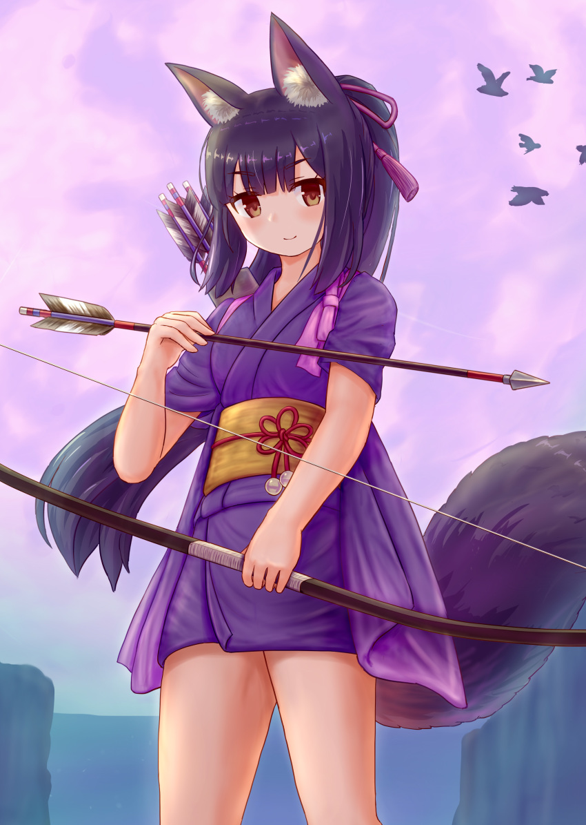 absurdres animal animal_ear_fluff animal_ears arrow_(projectile) bird black_hair bow_(weapon) brown_eyes closed_mouth commentary_request female fox_ears fox_girl fox_tail highres holding holding_arrow holding_bow_(weapon) holding_weapon iroha_(iroha_matsurika) japanese_clothes kimono kunoichi-chan_(iroha_(iroha_matsurika)) long_hair obi original outdoors ponytail purple_kimono quiver sash short_kimono short_sleeves smile solo tail tasuki very_long_hair weapon