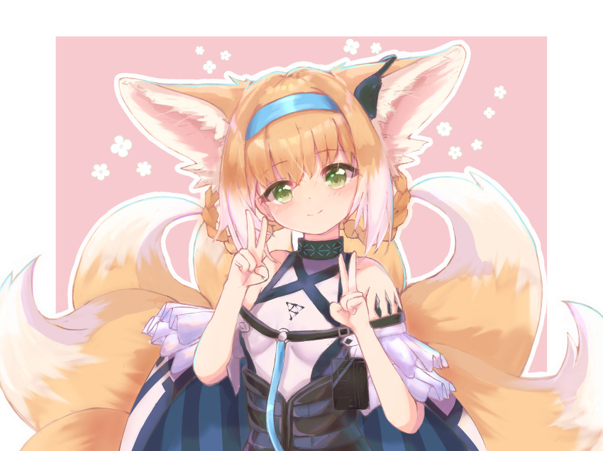 animal_ears arknights bad_id bad_pixiv_id bare_shoulders blue_hairband blush braid braided_hair_rings chrocatz closed_mouth commentary_request double_v female floral_background fox_ears fox_girl fox_tail green_eyes hair_rings hairband hands_up head_tilt highres infection_monitor_(arknights) kitsune looking_at_viewer material_growth oripathy_lesion_(arknights) outline pink_background shirt smile solo suzuran_(arknights) tail twin_braids two-tone_background v white_background white_outline white_shirt