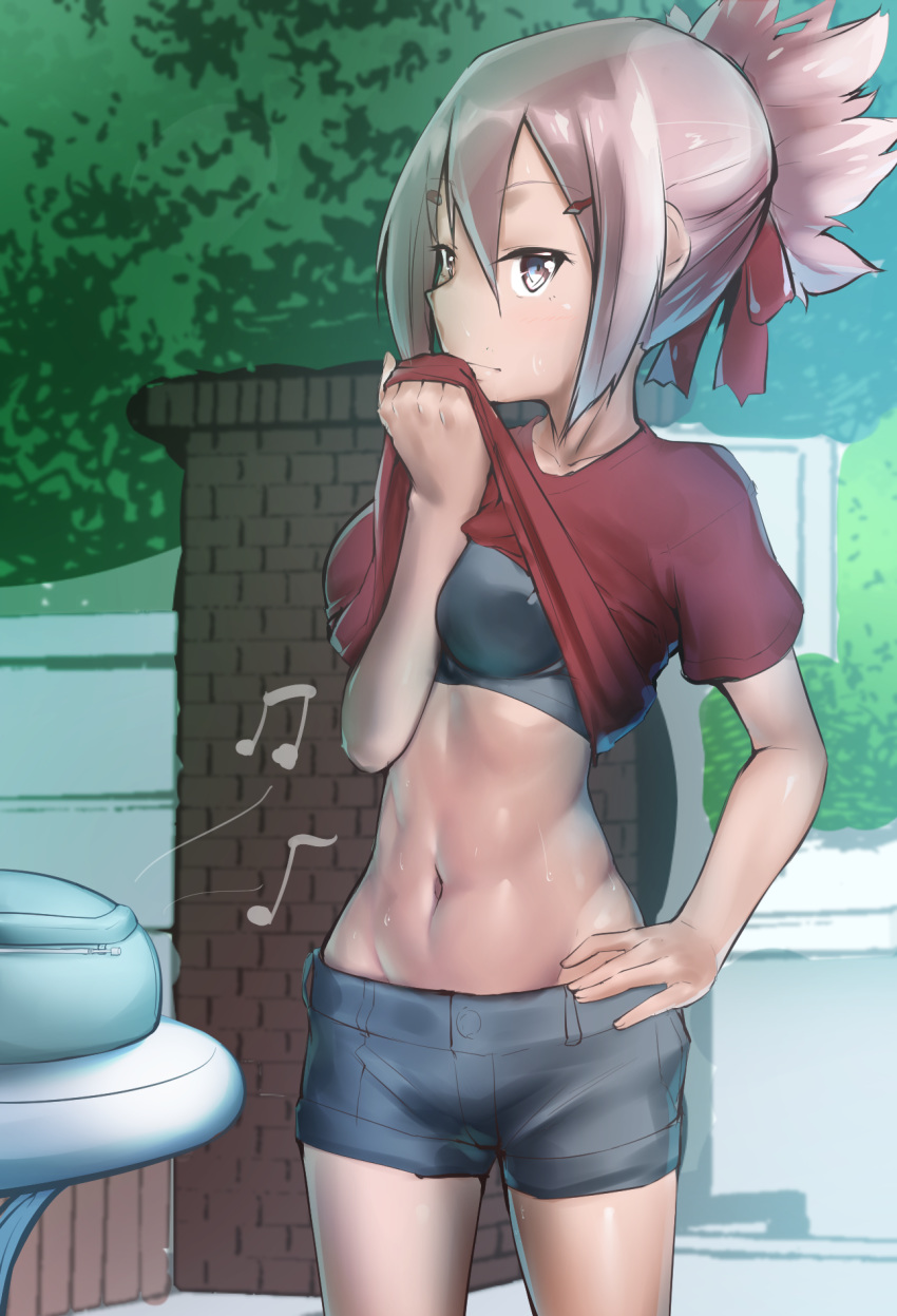 abs akamine_yuuna black_sports_bra blush brown_eyes closed_mouth clothes_lift commentary_request female groin hair_ornament hair_ribbon hairclip hand_on_own_hip highres lifting_own_clothes masabou musical_note navel outdoors pink_hair ponytail radio red_shirt ribbon shirt shirt_lift short_shorts shorts solo sports_bra sweat toned tree underwear yuuki_yuuna_wa_yuusha_de_aru yuusha_de_aru