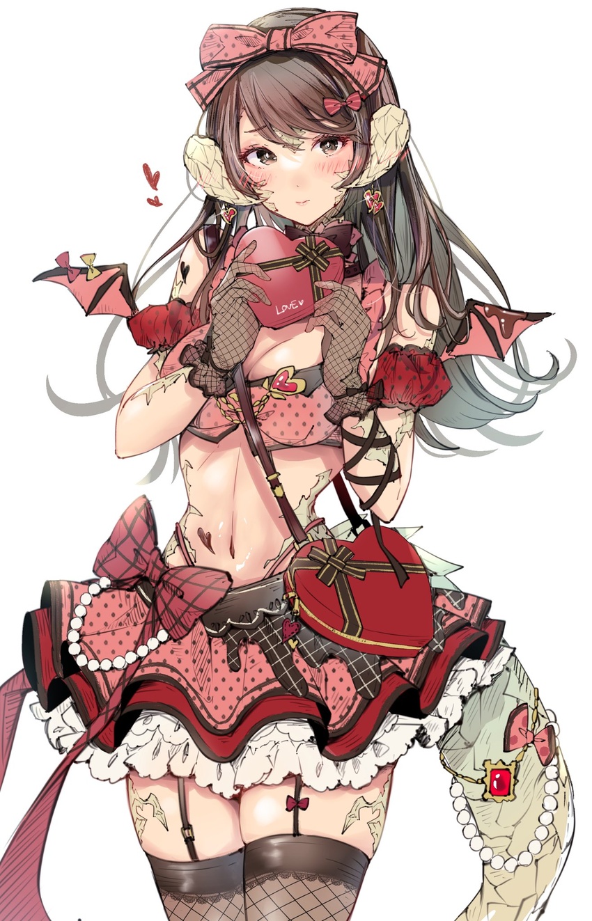 au_ra bag bare_shoulders blush bow box breasts brown_eyes brown_hair cleavage closed_mouth commission crop_top demon_wings detached_sleeves fake_wings female final_fantasy final_fantasy_xiv fishnet_gloves fishnet_thighhighs fishnets furrowed_brow garter_straps gift gift_box gloves hairbow hands_up heart heart-shaped_bag heart-shaped_box highleg highleg_panties highres holding holding_gift horns jewelry linea_alba long_hair looking_at_viewer medium_breasts microskirt midriff mokokoiro navel original panties panty_straps puffy_short_sleeves puffy_sleeves scales short_sleeves shoulder_bag skeb_commission skindentation skirt solo stomach swept_bangs tail tail_ornament thighhighs underwear warrior_of_light_(ff14) wings zettai_ryouiki