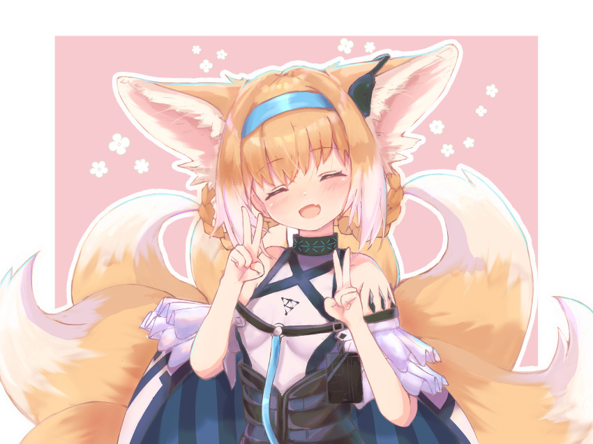 :d ^_^ animal_ears arknights bad_id bad_pixiv_id bare_shoulders blue_hairband blush braid braided_hair_rings chrocatz closed_eyes commentary_request double_v facing_viewer female floral_background fox_ears fox_girl fox_tail hair_rings hairband hands_up head_tilt highres infection_monitor_(arknights) kitsune material_growth oerba_yun_fang oripathy_lesion_(arknights) outline pink_background shirt smile solo suzuran_(arknights) tail twin_braids two-tone_background v white_background white_outline white_shirt