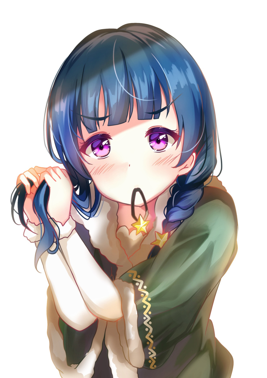 blue_hair blunt_bangs blush depe dress female fur_trim green_dress hair_ornament hair_over_shoulder hair_tie hair_tie_in_mouth hands_up highres long_hair long_sleeves looking_at_viewer love_live! love_live!_sunshine!! mouth_hold pink_eyes sidelocks simple_background solo star_(symbol) star_hair_ornament tsushima_yoshiko upper_body v-shaped_eyebrows white_background wide_sleeves