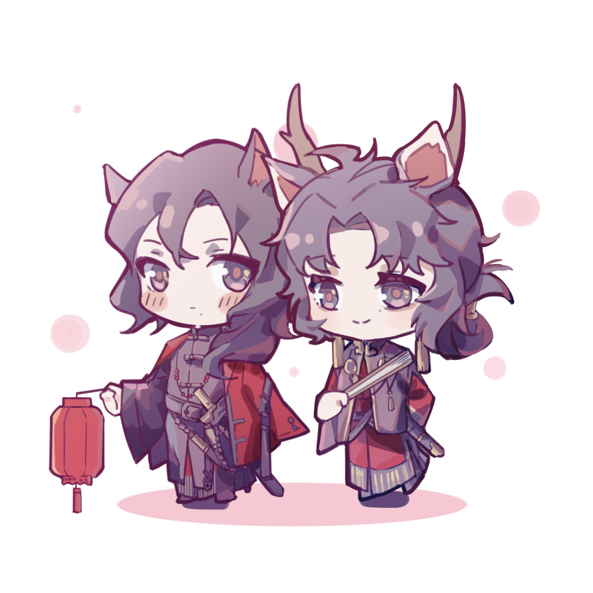 123xinxiang 1boy animal_ears antlers arknights black_eyes black_hair black_jacket blush_stickers chibi chinese_clothes chinese_commentary closed_mouth commentary deer_antlers deer_ears deer_girl female folded_fan folding_fan hair_bun hand_fan highres holding holding_fan horns jacket lantern liang_xun_(arknights) ning_ciqiu_(arknights) parted_bangs single_hair_bun smile white_background