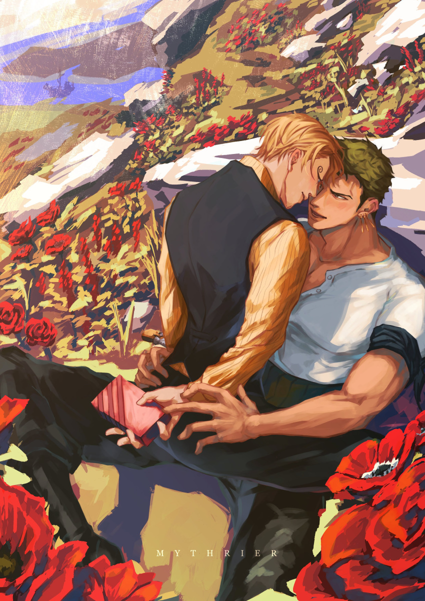 2boys absurdres blonde_hair blush couple curly_eyebrows field flower flower_field forehead-to-forehead from_above full_body green_hair heads_together highres long_sideburns male_focus multiple_boys muscular muscular_male one_piece pectoral_cleavage pectorals reach-around rie_(mythrier) roronoa_zoro sanji_(one_piece) shirt short_hair sideburns sitting straddling white_shirt yaoi