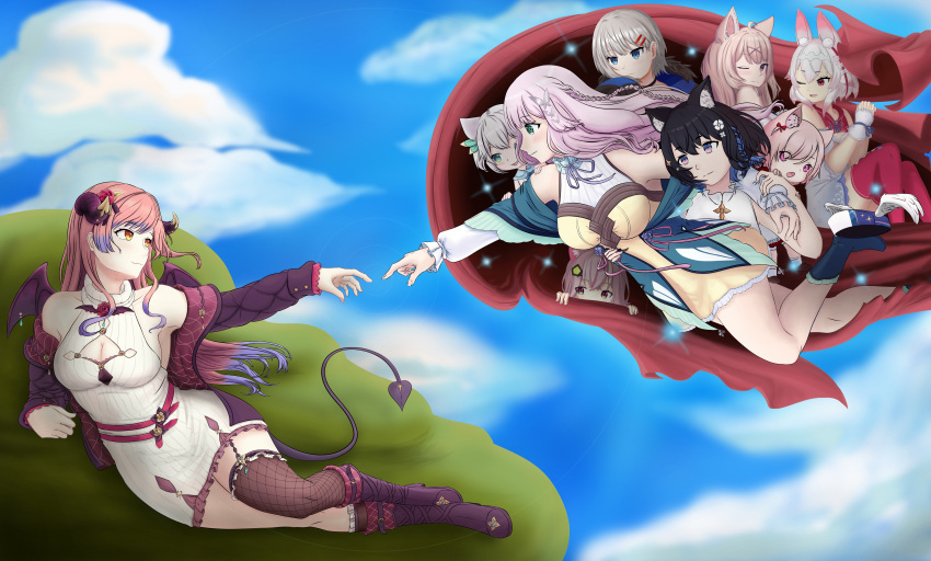 6+girls absurdres animal_ears asymmetrical_legwear cleavage_cutout clothing_cutout demon_girl dress fine_art_parody highres hina_misora hizuki_miu inumaki_himari looking_at_another mitsurugi_lia multiple_girls outdoors parody pink_hair purple_hair reaching reclining rurine_luna source_request sumeragi_pal the_creation_of_adam tsukito_hana virtual_youtuber wactor_production white_dress