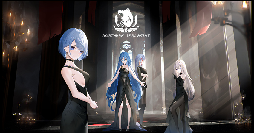 4girls alternate_costume azur_lane bare_shoulders black_choker black_dress black_footwear black_gloves blue_eyes blue_hair breasts candelabra candlestand chapayev_(azur_lane) choker cocktail_dress dress earrings elbow_gloves evening_gown gloves heterochromia highres indoors jewelry ka11_ca large_breasts light_purple_hair long_hair looking_at_viewer medium_breasts multicolored_hair multiple_girls murmansk_(azur_lane) northern_parliament_(emblem) pantyhose purple_eyes red_eyes red_hair shoes short_hair sideboob sleeveless sleeveless_dress small_breasts sovetskaya_belorussiya_(azur_lane) tallinn_(azur_lane) thighband_pantyhose two-tone_hair very_long_hair white_hair