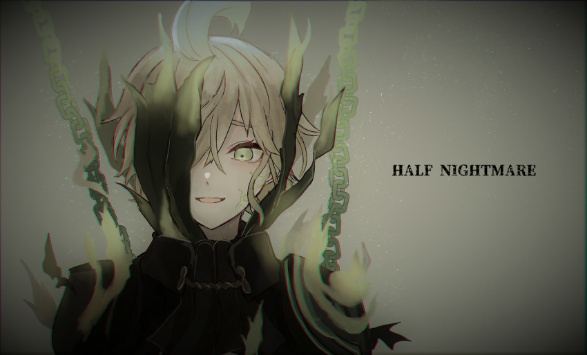 1boy :d akitama2727 antenna_hair armor blonde_hair chains dark dark_persona green_background green_eyes green_theme hair_between_eyes hair_over_one_eye half-nightmare light_particles long_sleeves looking_at_viewer male_focus open_mouth pinocchio_(sinoalice) portrait sad_smile short_hair simple_background sinoalice smile solo