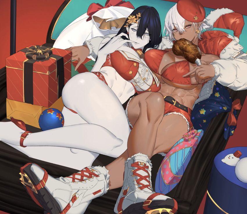 2girls abs ass bare_shoulders belt black_hair blue_eyes bow box breasts christmas colored_skin crossed_legs dark-skinned_female dark_skin earrings fingernails food fur_trim gift gift_box hair_between_eyes hat high_heels highres holding holding_food jacket jewelry kaoruko_(unkrk55) long_fingernails long_hair lying meat multiple_girls muscular muscular_female navel obliques original parted_lips pink_eyes pointy_ears red_bow red_footwear red_headwear sack santa_hat sharp_fingernails single_earring white_hair white_jacket white_legwear white_skin