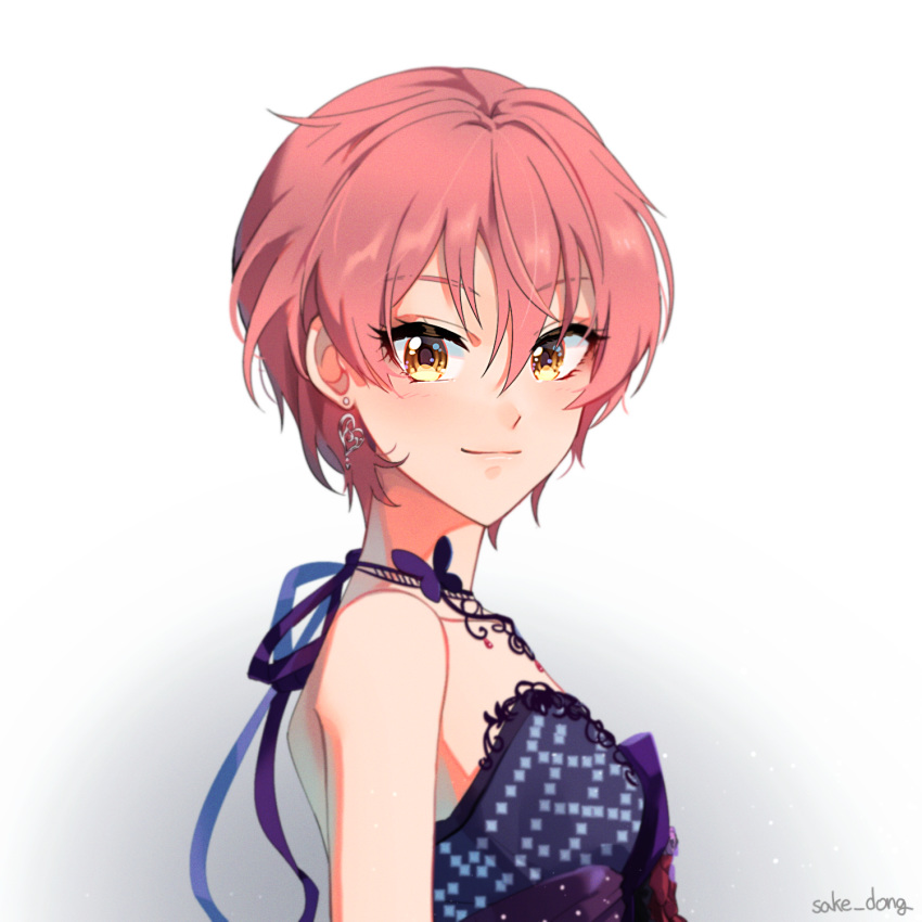 alternate_hair_length alternate_hairstyle artist_name bangs bare_shoulders breasts closed_mouth commentary earrings eyebrows_visible_through_hair female from_side heart heart_earrings highres idolmaster idolmaster_cinderella_girls jewelry jougasaki_mika looking_at_viewer looking_to_the_side necklace pink_hair portrait purple_ribbon ribbon sake_dong short_hair small_breasts smile solo strapless yellow_eyes