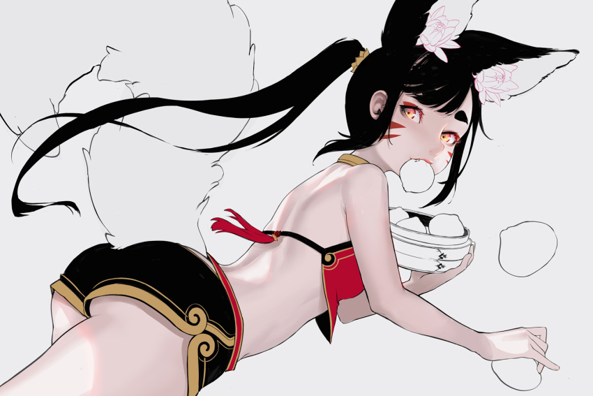 animal_ears ass black_hair black_shorts chinese_clothes cowboy_shot dudou eating eyeshadow facial_mark female food fox_ears fox_tail hu-er_(robot_cat) long_hair looking_at_viewer makeup mouth_hold original red_eyeshadow robot_cat_(robotcatart) shorts simple_background solo tail very_long_hair whisker_markings white_background white_tail yellow_eyes