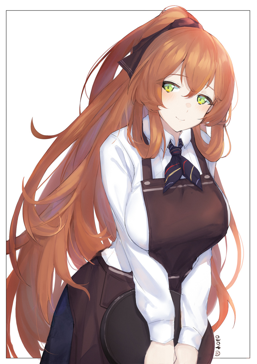 apron blush breasts brown_hair commentary female girls'_frontline green_eyes hair_between_eyes highres long_hair neck_ribbon oooomiga photoshop_(medium) ponytail ribbon smile solo springfield_(girls'_frontline) symbol-only_commentary tray very_long_hair