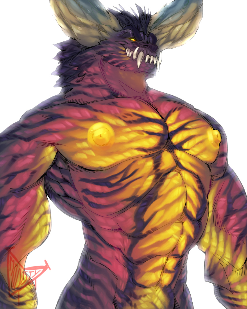 4:5 abs absurd_res anthro big_chest capcom dragon elder_dragon glowing glowing_nipples hi_res horn looking_at_viewer male monnsty monster_hunter muscular mythological_creature mythological_scalie mythology nergigante nipples pecs scales scalie small_waist smile smirk solo stripes teeth yellow_eyes