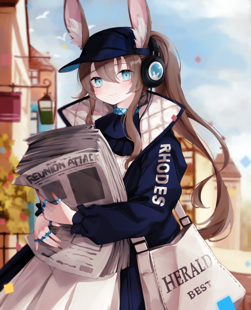 amiya_(arknights) amiya_(newsgirl)_(arknights) animal_ear_fluff animal_ears arknights bad_id bad_pixiv_id bag baseball_cap blue_eyes blue_hat blue_jacket blue_sky blurry blush building clothes_writing cloud commentary depth_of_field dress ears_through_headwear female hair_between_eyes hair_through_headwear hat highres holding holding_newspaper implied_extra_ears jacket jewelry kairi630 looking_at_viewer multiple_rings newspaper official_alternate_costume open_clothes open_jacket outdoors ponytail rabbit_ears railing ring shoulder_bag sidelocks sky smile solo thumb_ring town white_dress