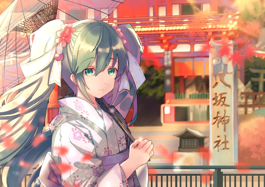 absurdres aqua_eyes aqua_hair bad_id bad_pixiv_id blush commentary female floral_print flower green_eyes green_hair hair_flower hair_ornament hatsune_miku highres holding holding_umbrella japanese_clothes kimono kyoto leaf long_hair maple_leaf obi print_kimono sash shibaebi_(yasaip_game) shrine smile translated transparent transparent_umbrella twintails umbrella very_long_hair vocaloid white_kimono yukata