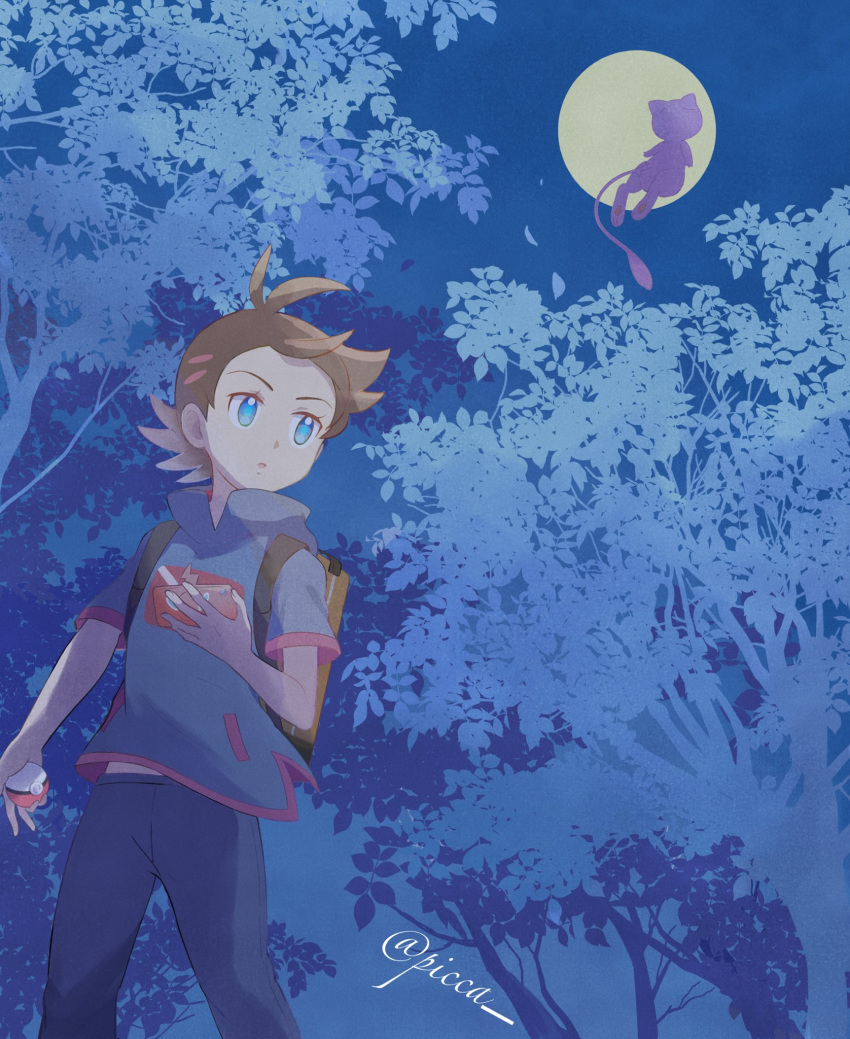 1boy :o antenna_hair artist_name backpack bag black_pants blue_eyes brown_bag brown_hair commentary_request eyelashes gen_1_pokemon gen_4_pokemon goh_(pokemon) highres holding holding_poke_ball leaves_in_wind looking_to_the_side male_focus mei_(maysroom) mew moon mythical_pokemon night open_mouth outdoors pants poke_ball poke_ball_(basic) pokemon pokemon_(anime) pokemon_(creature) pokemon_swsh_(anime) rotom rotom_phone short_sleeves side_slit silhouette tree watermark