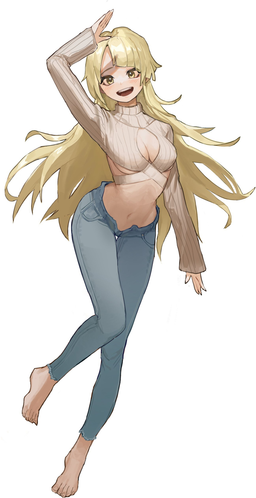 absurdres arm_up bang_dream! barefoot blonde_hair blush breasts cleavage cleavage_cutout clothing_cutout crop_top denim evolved_virgin_killer_sweater female full_body highres jeans long_hair long_sleeves looking_at_viewer medium_breasts navel open_mouth pants simple_background smile solo sweater teeth tsurumaki_kokoro underboob upper_teeth_only white_background yellow_eyes yogu_(user_rxdx2445)