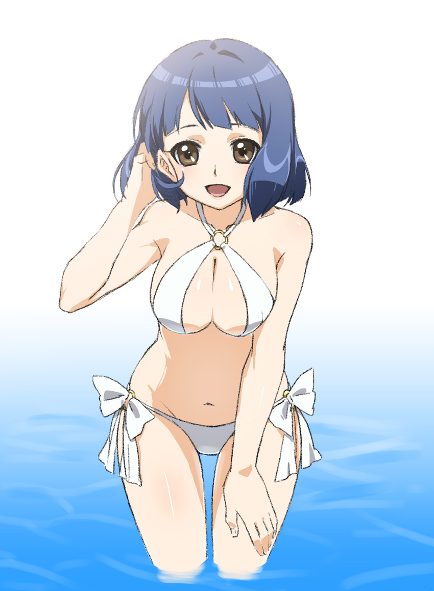 :d adjusting_hair bad_id bad_pixiv_id bikini blue_hair bow bow_bikini breasts brown_eyes caustics center_opening chiyo_(no3baki) collarbone cowboy_shot criss-cross_halter female gradient groin halterneck hand_on_own_thigh hand_up highres hip_focus leaning_forward looking_at_viewer medium_breasts navel o-ring o-ring_bikini o-ring_bottom o-ring_top open_mouth parted_bangs photoshop_(medium) seaside_muramoto short_hair smile solo standing swimsuit wading water white_background white_bikini yu-gi-oh! yu-gi-oh!_tag_force