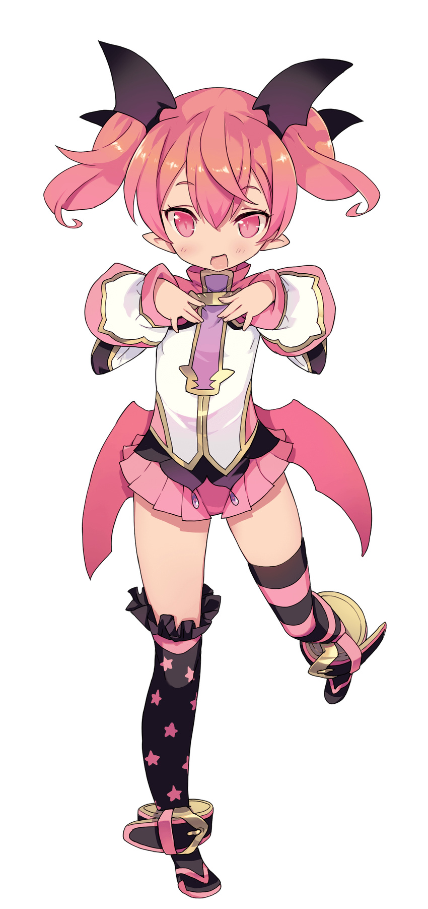 absurdres asymmetrical_legwear bad_link blade_(galaxist) blush demon_girl emelia_pris female full_body hands_on_own_chest highres long_hair long_sleeves looking_at_viewer low_wings mismatched_legwear official_art open_mouth pink_eyes pink_hair pink_legwear pleated_skirt pointy_ears pop-up_story short_hair short_twintails skirt sleeve_cuffs smile solo st._feles_gakuen_uniform star_(symbol) star_print straight-on striped_clothes striped_thighhighs tachi-e thighhighs transparent_background twintails wings