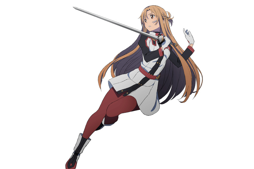 adachi_shingo alternate_costume asuna_(sao) augma boots brown_eyes brown_hair female full_body gloves highres holding holding_sword holding_weapon long_hair official_art preceder_(sao) rapier red_legwear solo sword sword_art_online sword_art_online_the_movie:_ordinal_scale transparent_background very_long_hair weapon white_gloves