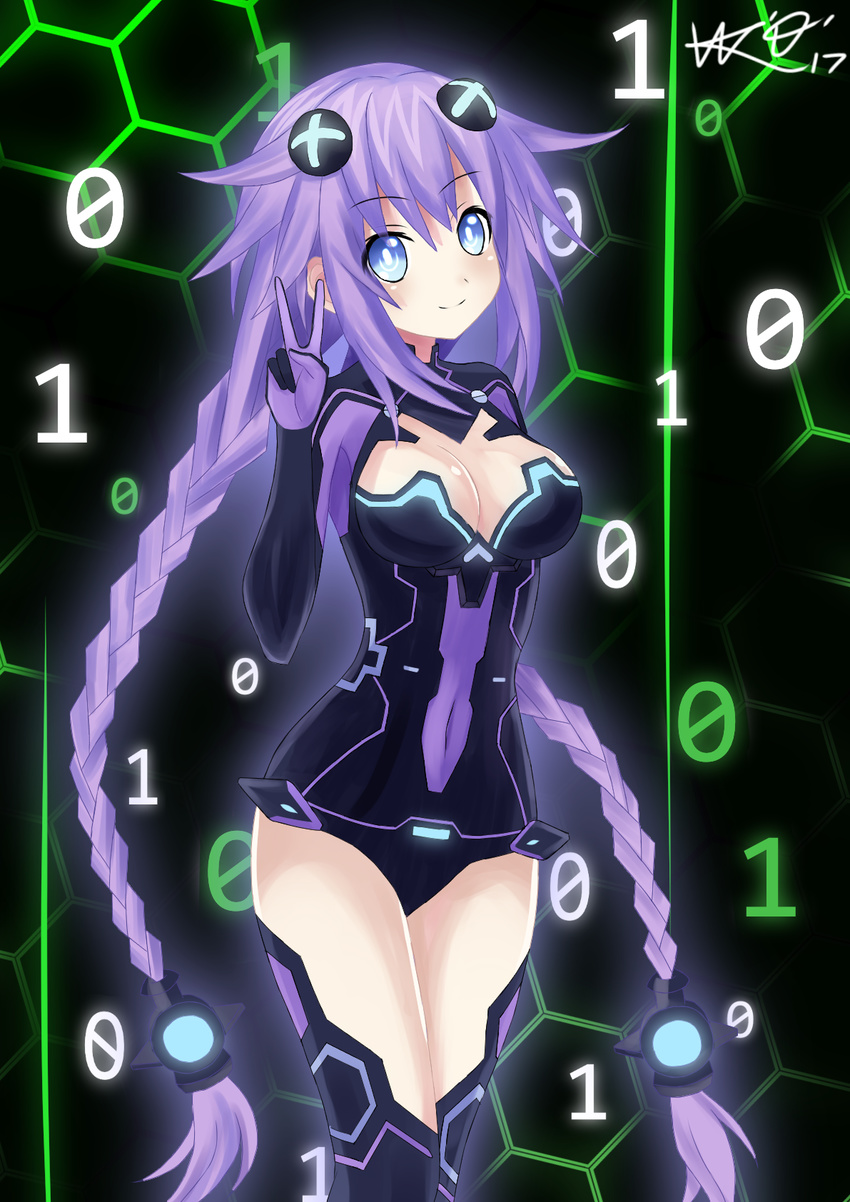 black_background blue_eyes blush braid breasts cleavage commentary_request female hair_ornament highres honeycomb_(pattern) honeycomb_background large_breasts leotard long_hair looking_at_viewer neptune_(series) purple_hair purple_heart_(neptunia) signature smile solo symbol-shaped_pupils thighhighs twin_braids v very_long_hair weresdrim