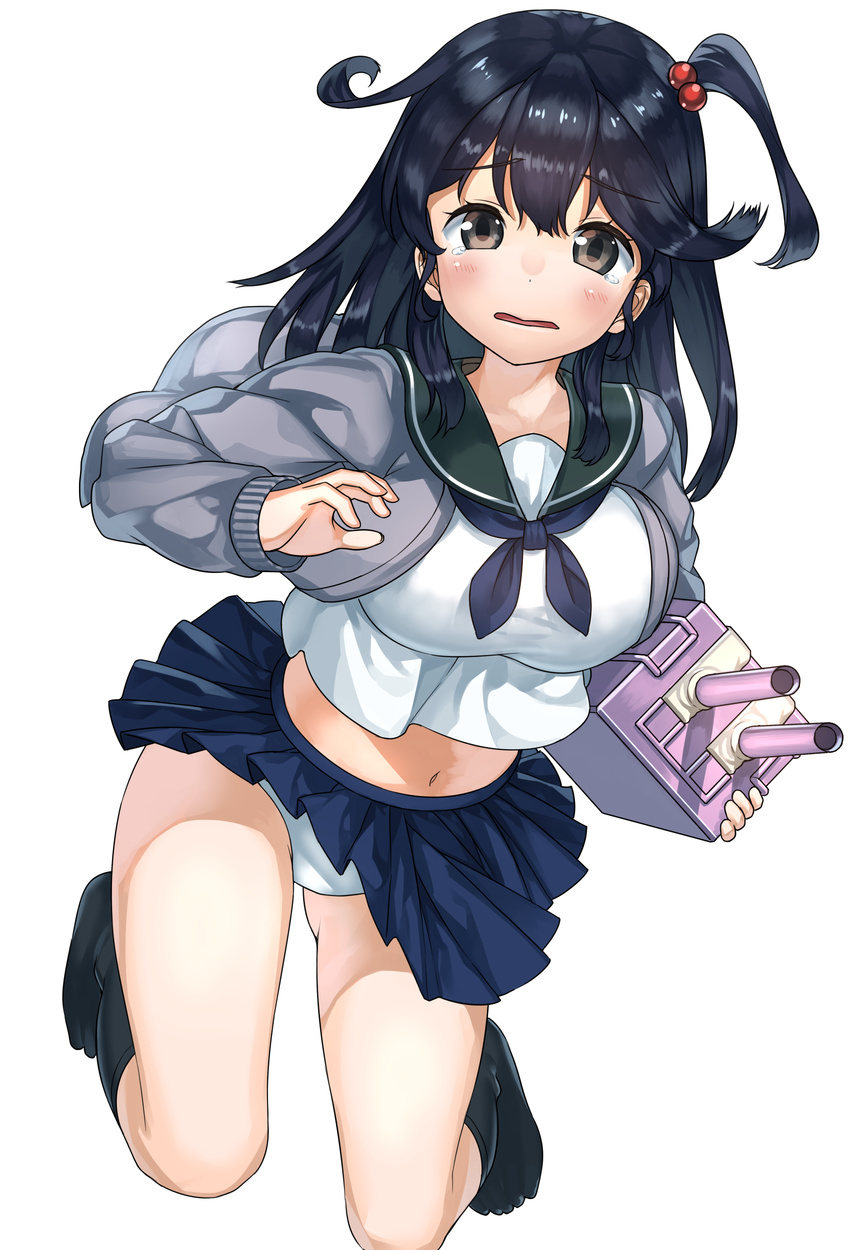 absurdres alternate_hairstyle bad_id bad_pixiv_id black_hair breasts cardigan female harumaki_haruki highres kantai_collection large_breasts long_hair navel one_side_up panties school_uniform skirt solo tears turret underwear ushio_(kancolle) white_panties