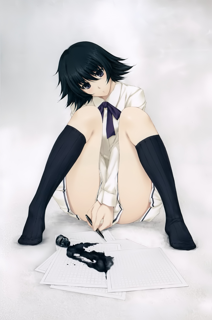 :o absurdres artistic_error between_legs black_hair black_socks blue_eyes blue_ribbon blush covering_crotch covering_privates dojikko feet female foreshortening full_body gradient_background grey_background hair_between_eyes hand_between_legs head_tilt highres holding holding_pen ink ink_bottle innocent_grey kara_no_shoujo kneehighs legs legs_up long_legs long_sleeves looking_at_viewer nib_pen_(object) open_mouth paper parted_lips pen ribbon scan school_uniform shirt short_hair sitting skirt socks solo spill sugina_miki thighs v_arms white_shirt white_skirt yosomiya_tsuzuriko