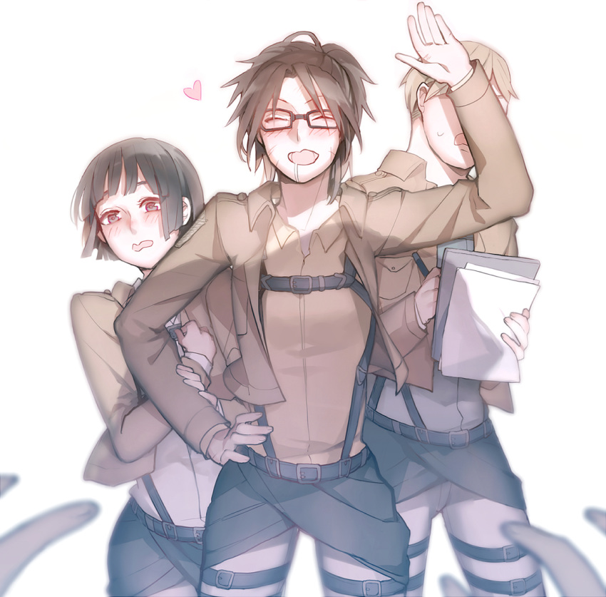 1boy 2girls artist_request black_hair blush brown_hair glasses hange_zoe moblit_berner multiple_girls nifa_(shingeki_no_kyojin) shingeki_no_kyojin three-dimensional_maneuver_gear uniform