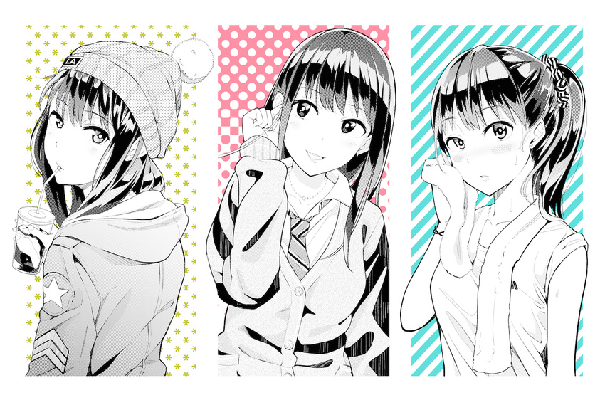 beanie bracelet buttons cardigan casual collared_shirt column_lineup commentary_request cup drink drinking drinking_straw earphones female from_side hair_ornament hair_over_shoulder hair_scrunchie halftone halftone_background hat head_tilt high_ponytail hood hood_down hoodie idolmaster idolmaster_cinderella_girls jewelry long_hair long_sleeves looking_at_viewer military_rank_insignia monochrome multiple_persona necklace necktie open_mouth ponytail school_uniform scrunchie shibuya_rin shirt sleeves_rolled_up spot_color star_(symbol) star_print striped_background striped_clothes striped_scrunchie sweat towel towel_around_neck uku upper_body