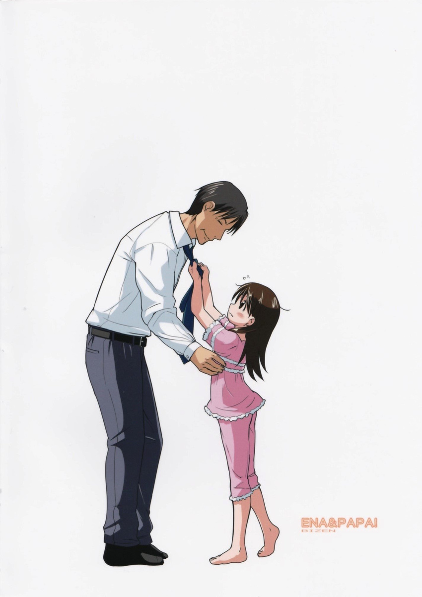 1boy ayase_ena barefoot belt bizen black_hair blush brown_eyes brown_hair closed_eyes cover dressing_another father_and_daughter female formal height_difference highres leaning_forward long_hair mr_ayase necktie no_shoes pajamas pants plantar_flexion reaching shirt short_hair smile socks standing tying_necktie white_background yotsubato!